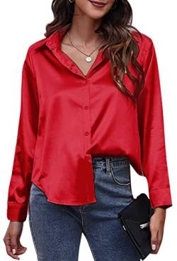 Damen Bluse Elegant Langarmshirt Oberteil Locker Hemd Shirts Satin Business XXL Rot von FEOYA