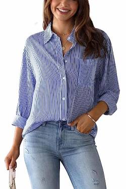 Damen Bluse Gestreift Große Größen Tunika Casual Basic Shirt Oberteil Langarm Hemd L Blau von FEOYA