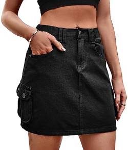 Damen Denim Rock Hohe Taille Knielang Jeans Bleistiftrock Midirock mit Taschen - XK von FEOYA
