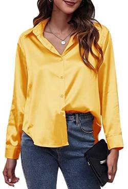 Damen Elegant Langarm Bluse Arbeitsoberteil V-Ausschnitt Oberteile Casual Office Loose Fit Hemd Langarmshirt L Gelb von FEOYA