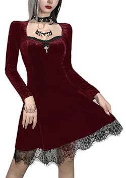 Damen Gothic Abendkleider Kurzarm Quadratischer Kragen mit Gürtel A-Linien Rüschenkleid M von FEOYA