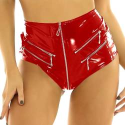 Damen Lederlook Kunstleder Shorts Hotpants mit Reißverschluss Wetlook M von FEOYA