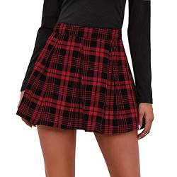 Damen Schule Rock Kariert Tennisrock Minirock Kurze Faltenrock Mini-Faltenrock Hohe Taille Schulmädchen A-Linie Patchwork Skater Rock Vielseitig Plaid Gefaltete Rock Gitterrock-Rot-L von FEOYA