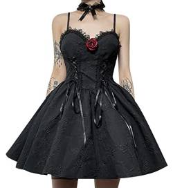 Damen Sommerkleid Minikleid Gothic Goth Dress Trägerkleid mit Spitze Retro Vintage Steampunk Röcke Punk Lolita Langarm Swing Cosplay Kostüm Fasching Fasnacht Karneval Party - M von FEOYA