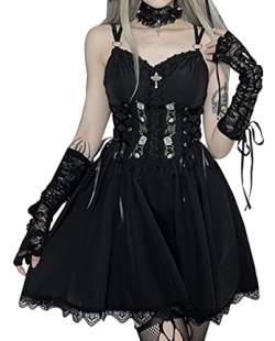 Damen Sommerkleid Minikleid Gothic Goth Dress Trägerkleid mit Spitze Retro Vintage Steampunk Röcke Punk Lolita Langarm Swing Cosplay Kostüm Fasching Fasnacht Karneval Party - M von FEOYA