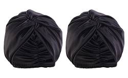 FEOYA 2 Stück Seide Bonnet Schlafmütze Damen Haarturban Schnelltrocknend Turban Schlafmutze für Haarverlust Weiche kopfhaube zum Schlafen mit Gummizug für Damen Schwarz+Schwarz Einheitsgröße von FEOYA