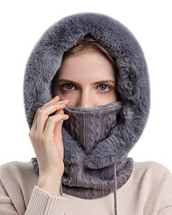 FEOYA 2 in 1 Strickmütze Damen Fleece Kapuze Wintermütze Gesichtsbedeckung Maskenwärmer Dicke Wintermütze Winddichte Hut Kälteschutz Skimütze 22-23 Inch grau von FEOYA