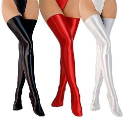 FEOYA 3 Paar Damen Halterlose Strümpfe Metallic Glänzende Kniestrümpfe Overknees Strümpfe Stockings Strümpfe Lang Öl Glänzend von FEOYA