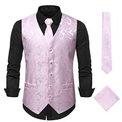 FEOYA 3PC Waistcoats Set Herren Paisley Weste Krawatte Einstecktuch Set Hochzeit Party Businesss Formal Anzug Weste Weiß+Rosa XXL von FEOYA