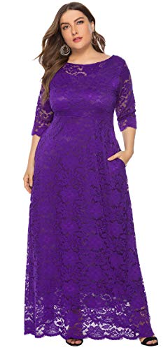FEOYA Abendkleid lang Damen Cocktailkleid Elegant Ballkleid Trapez aus Spitze tailliertes Kleid große Größe Sommer XL-6XL Gr. XXXXXXL , violett von FEOYA