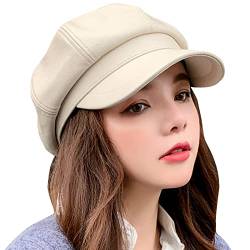 FEOYA Ballonmütze Damen Leder Schirmmütze Damen Winter Newsboy Cap Baker Boy Mütze Damen Beige von FEOYA