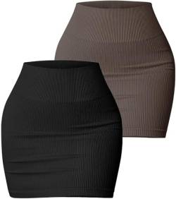 FEOYA Damen 2 Stück Mini Röcke Sexy Figurbetont Kurzer Strick Rock Dehnbar Hohe Taille Gerippter Minirock Slim Fit Mini Wickelröcke 02-2PC L von FEOYA