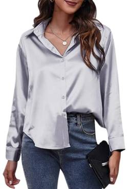 FEOYA Damen Bluse Langarmshirt V-Ausschnitt Hemd Die Seide Elegant Lässige Oberteile Knopfleiste Arbeit Einfarbig Hemdbluse - S von FEOYA