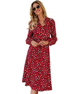 FEOYA Damen Boho Sommerkleider V-Ausschnitt Vintage Strand Blumen Maxikleid Kurzarm Strandkleid Mit Gürtel Rot von FEOYA