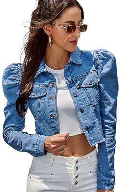 FEOYA Damen Crop Jeansjacke Puffärmeliger Slim Fit Vintage Jeansmantel Taschen Front Button Down Crop Jean Jacke Tiefblau XS von FEOYA