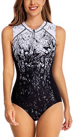 FEOYA Damen Einteiliger Badeanzug Ärmellos Einteiliger Rash Guard Zip Front Badeanzug Gedrucktes Schwimmkostüm Athletische Surfen Bademode Zip Up Neoprenanzug Baden Schwarz XXL von FEOYA