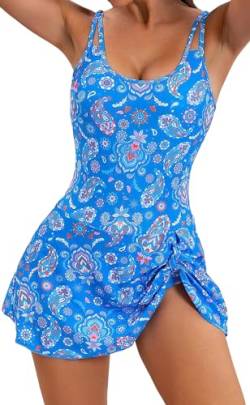 FEOYA Damen Einteiliger Badeanzug Beachwear Sommer Schwimmanzug Bedruckte Sexy Schnürung Monokinis Bademode Swimsuit Bikinis EIN Badeanzug mit BH Blau 2 L von FEOYA