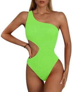 FEOYA Damen Einteiliger Badeanzug Cut Out Sexy Bademode Gerippter Bauch Kontrolle Badeanzüge A-fluoreszierend grün S von FEOYA
