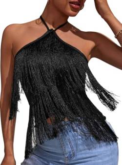 FEOYA Damen Fransen Neckholder Top Rückenfrei Festival Oberteile Ärmelloses Quaste Tanktop Land Musik Konzert Rave Cowgirl Shirts 01 schwarz XL von FEOYA