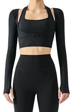 FEOYA Damen Gerippte Sport Oberteile mit Daumenloch Bauchfrei Langarm Laufshirt 2 in 1 Sportshirt für Yoga Fitness Gym Workout Radfahren Jogging L von FEOYA