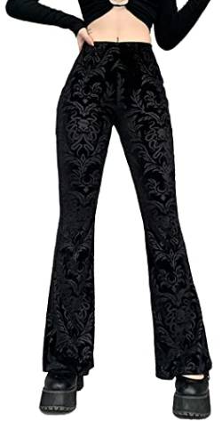 FEOYA Damen Gothic Schwarze Hose Hohe Taille Samt Schlaghose Slim Fit Weites Bein Schlaghose Lange Hose A1 L von FEOYA