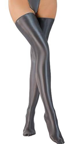 FEOYA Damen Halterlose Strümpfe Metallic Glänzende Kniestrümpfe Overknees Strümpfe Stockings Strümpfe Lang Öl Glänzend Grau von FEOYA