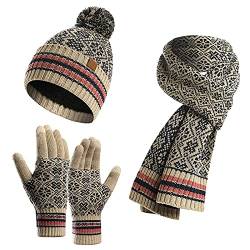 FEOYA Damen Handschuhe Schal Strickmütze 3in1 Kombiset Strickset Beanie Herren Winter Warm Fleecefutter Fäustlinge Strickhandschuhe Touchscreen-Handschuhe von FEOYA