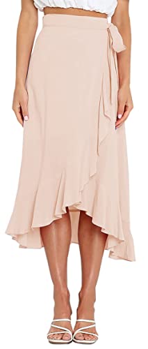 FEOYA Damen Hohe Taille Sommer Röcke A Line Strandrock Einteiliger Wickelrock Ruffle Midiröcke Beige M von FEOYA