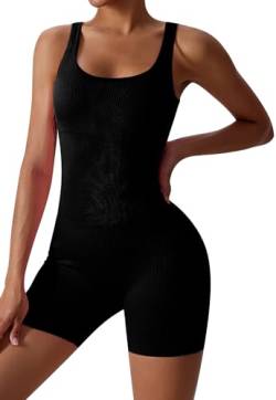FEOYA Damen Jumpsuit Sport Yoga Einteiler Ärmellose Shaping Bodysuit Kurz Stretch Nahtlos Overall Hersteller XL/DE Größe L-Schwarz von FEOYA