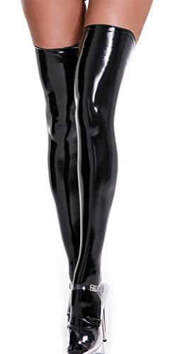 FEOYA Damen Kurze Overall Sexy Party Halterlose Overknee Strümpfe Clubwear Partykleider Kunstleder Wetlook Kniestrümpfe Bodysuit Leder Latex Kleider Handschuhe Latex Lange Handschuhe von FEOYA