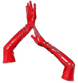 FEOYA Damen Lange Glänzende Wet Look Leder-Optik Handschuhe Abendhandschuhe A1-Rot,M von FEOYA
