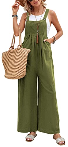 FEOYA Damen Latzhose Loose Bib Pants Overall Ärmellose Baggy Sommer Jumpsuits Lässige lange Hosen Playsuit Armeegrün L von FEOYA