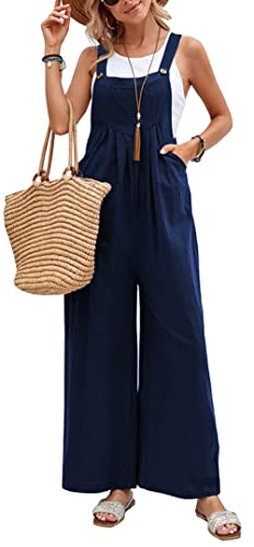 FEOYA Damen Latzhose Loose Bib Pants Overall Ärmellose Baggy Sommer Jumpsuits Lässige lange Hosen Playsuit Tiefblau L von FEOYA