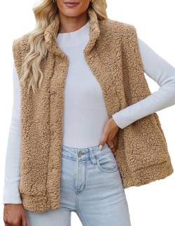 FEOYA Damen Leichte Plüsch Weste Weicher Sherpa Körperwärmer Fuzzy-Fleece-Weste Ärmellose Druckknopfweste Jacke Mantel Khaki M von FEOYA