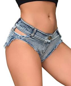 FEOYA Damen Low Rise Denim Shorts Sexy Cut Off Mini Hot Pants Schnürung ausgefranste freche Booty Shorts Clubwear, B-Blau, Groß von FEOYA