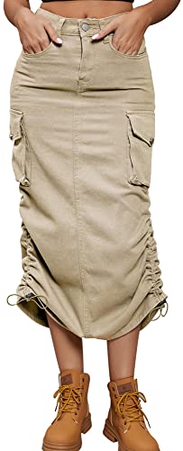 FEOYA Damen Maxi Long Jeans Rock Cargo Jeansrock Drawstring Sides Y2K Jeans Rock mit Multi-Pockets Khaki XXL von FEOYA