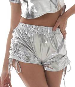 FEOYA Damen Metallic Shorts Elastische Taille Glänzend Funkeln Hot Kurze Hosen mit Kordelzug Rave Hot-Shorts Yoga Tanzshorts 01 Silber M von FEOYA