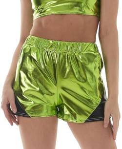 FEOYA Damen Metallic Shorts Yoga Elastische Taille Glänzend Funkeln Hot Kurze Hosen mit Taschen Rave Hot-Shorts Casual Tanzshorts 02 Grün M von FEOYA