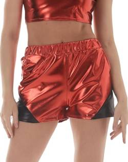 FEOYA Damen Metallic Shorts Yoga Elastische Taille Glänzend Funkeln Hot Kurze Hosen mit Taschen Rave Hot-Shorts Casual Tanzshorts 02 Rot L von FEOYA