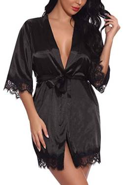 FEOYA Damen Morgenmantel Kimono Satin Kurz Robe Bademantel Nachtwäsche Sleepwear V Ausschnitt mit Gürtel Schwarz M von FEOYA