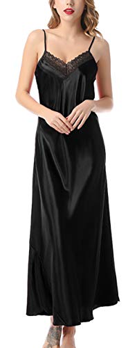 FEOYA Damen Nachthemd Satin Sexy Negligee V-Ausschnitt Nachtkleid Lang Sleepwear V-Ausschnitt Trägerkleid von FEOYA