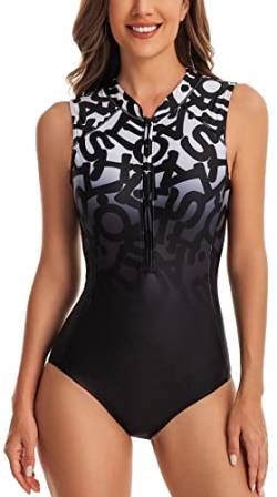 FEOYA Damen One Piece Rash Guard Zip Up Badeanzug Ärmellose Surfen Bademode Zip Front Schwimmen Kostüm Sonnenschutz Gedruckt Einteilig Badeanzug Wetsuit Badeanzug Schwarz XXL von FEOYA