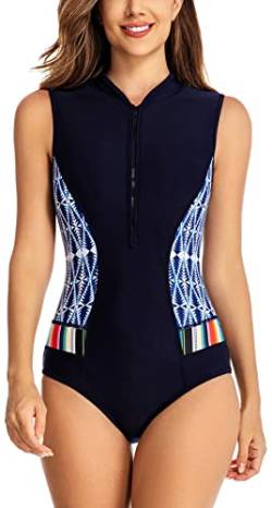 FEOYA Damen One Piece Rash Guard Zip Up Badeanzug Sonnenschutz Surfen Badebekleidung Ärmellos Einteiliger Badeanzug Zip Front Wetsuit Schwimmkostüm Badeanzug Blau L von FEOYA