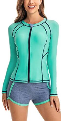 FEOYA Damen Rash Guard UV-Schutz UPF 50+ Langarm Schwimmshirt Badeshirt Reißverschluss Bademode für Damen Schnell Trocknender Swimsuit Surfshirt Badeanzug von FEOYA