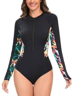 FEOYA Damen Rash Guards Einteilige Badeanzüge Reißverschluss Sportive Einteilige Badeanzüge Badeanzug Lange Ärmel Modest Badebekleidung Surf Anzug Uv UPF 50+ Badebodysuits Schwimmkostüme B XL von FEOYA