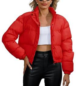 FEOYA Damen Reißverschlussjacke Winter Warme Kurze Daunenjacke Mantel Stehkragen Cropped Puffer Jacke Rot XL von FEOYA