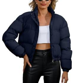 FEOYA Damen Reißverschlussjacke Winter Warme Kurze Daunenjacke Mantel Stehkragen Cropped Puffer Jacke Tiefblau XS von FEOYA