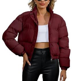 FEOYA Damen Reißverschlussjacke Winter Warme Kurze Daunenjacke Mantel Stehkragen Cropped Puffer Jacke Weinrot L von FEOYA