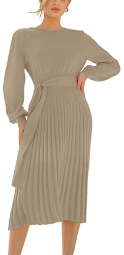 FEOYA Damen Rundkragen Strickkleid Elegant Langarm Pulloverkleid Tunika Kleid Mit Gürtel für Herbst Winter A3 XXL von FEOYA