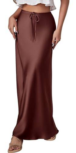 FEOYA Damen Satin Rock Lang Elegant Sommer A Line Maxirock mit Kordelzug Hohe Taille Büro Party Casual Langer Rock 02 Chocolate M von FEOYA